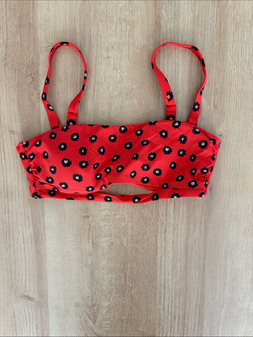 Red Floral Bandeau Bikini Top with Cutout
